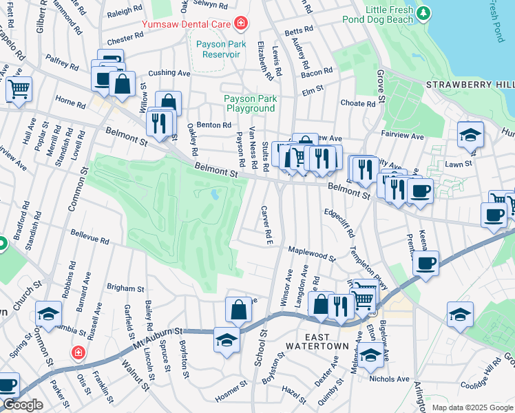 map of restaurants, bars, coffee shops, grocery stores, and more near 21 Commonwealth Road in Watertown