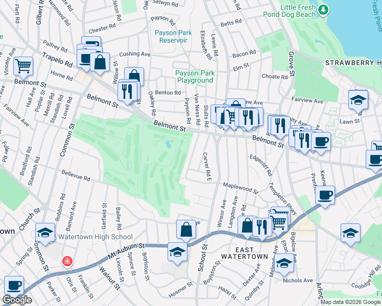map of restaurants, bars, coffee shops, grocery stores, and more near 21 Commonwealth Road in Watertown