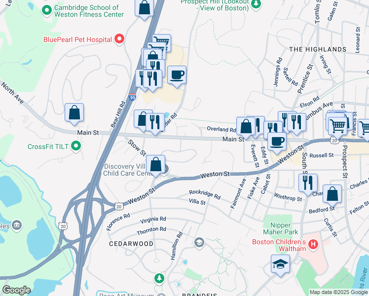 map of restaurants, bars, coffee shops, grocery stores, and more near 1186 Main Street in Waltham