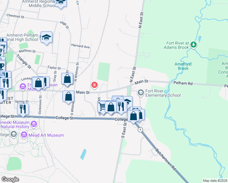 map of restaurants, bars, coffee shops, grocery stores, and more near 722 Main Street in Amherst