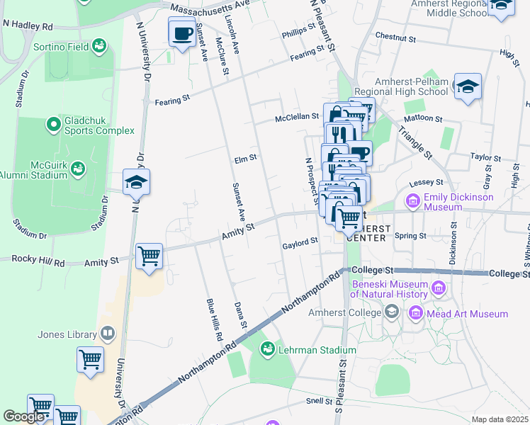 map of restaurants, bars, coffee shops, grocery stores, and more near 148 Lincoln Avenue in Amherst