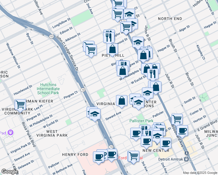 map of restaurants, bars, coffee shops, grocery stores, and more near 710 West Philadelphia Street in Detroit