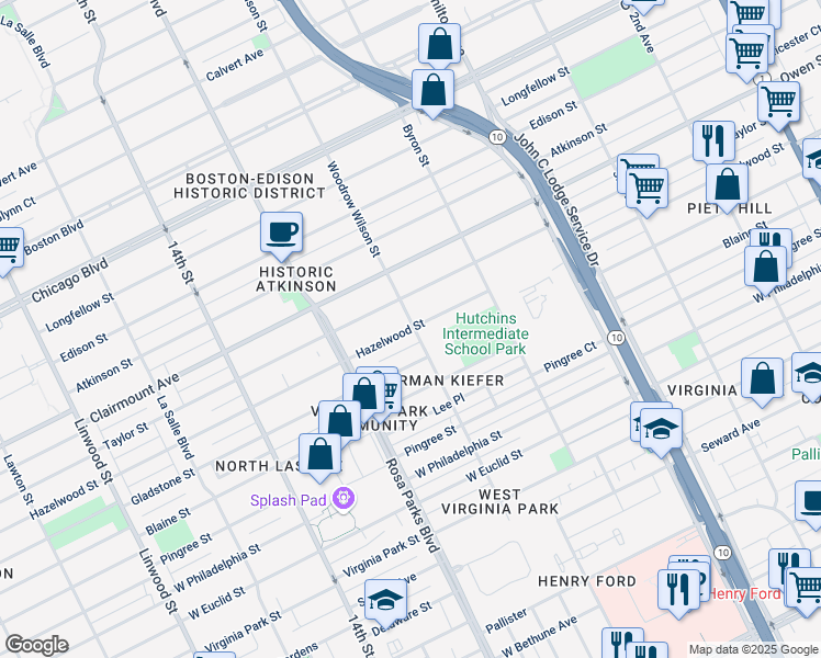 map of restaurants, bars, coffee shops, grocery stores, and more near 1557 Taylor Street in Detroit