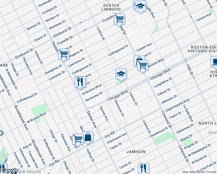 map of restaurants, bars, coffee shops, grocery stores, and more near 3009 West Boston Boulevard in Detroit