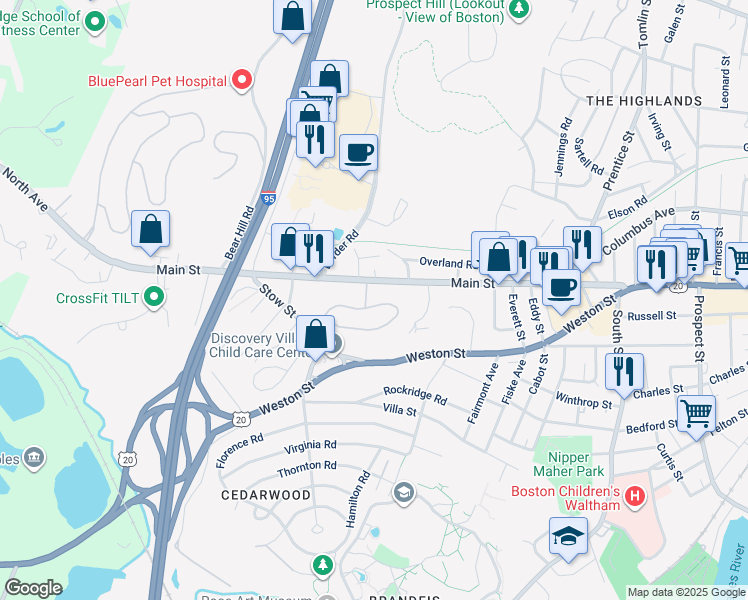 map of restaurants, bars, coffee shops, grocery stores, and more near 1186 Main Street in Waltham
