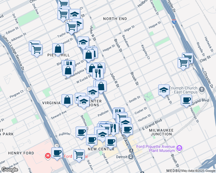 map of restaurants, bars, coffee shops, grocery stores, and more near 66 Melbourne Street in Detroit