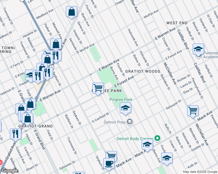 map of restaurants, bars, coffee shops, grocery stores, and more near 8411 East Forest Avenue in Detroit