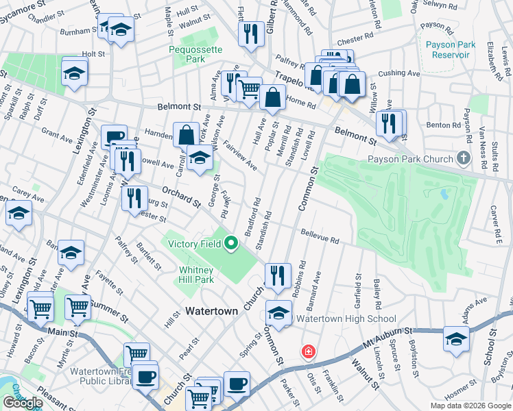 map of restaurants, bars, coffee shops, grocery stores, and more near Bradford Road in Watertown