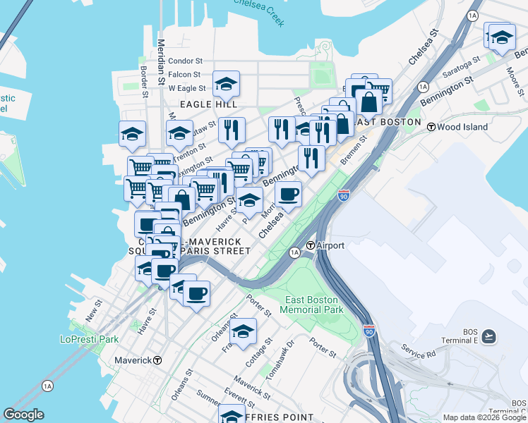 map of restaurants, bars, coffee shops, grocery stores, and more near 40 Morris Street in Boston