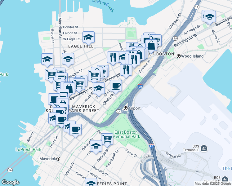 map of restaurants, bars, coffee shops, grocery stores, and more near 277 Chelsea Street in Boston