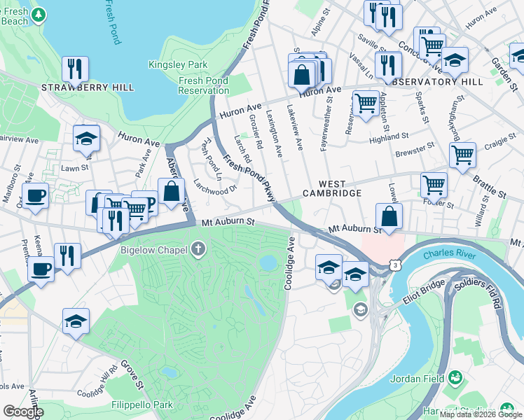 map of restaurants, bars, coffee shops, grocery stores, and more near 6 Brattle Circle in Cambridge