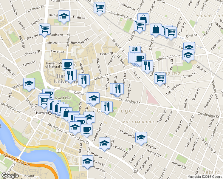 map of restaurants, bars, coffee shops, grocery stores, and more near 40 Irving Street in Cambridge
