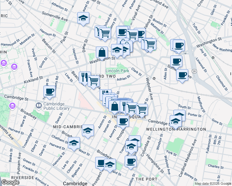 map of restaurants, bars, coffee shops, grocery stores, and more near 68 Concord Avenue in Somerville