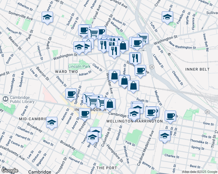 map of restaurants, bars, coffee shops, grocery stores, and more near 55 Webster Avenue in Somerville