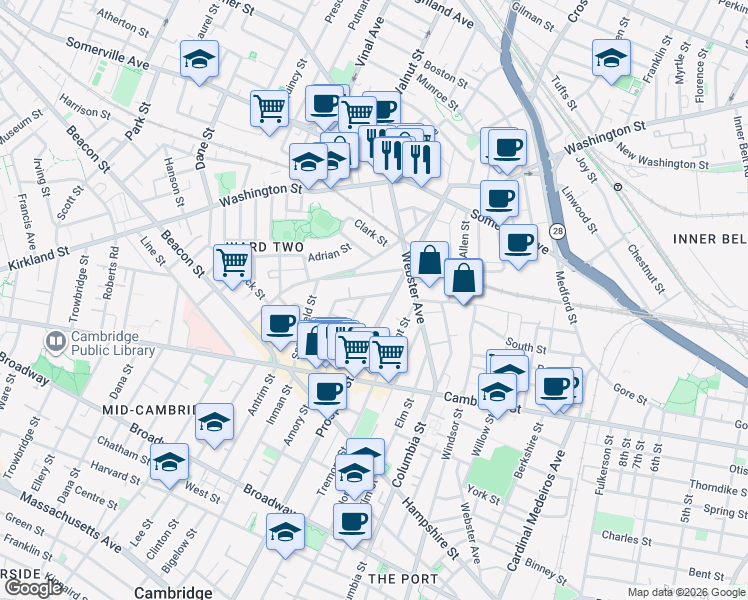 map of restaurants, bars, coffee shops, grocery stores, and more near 22 Concord Avenue in Somerville