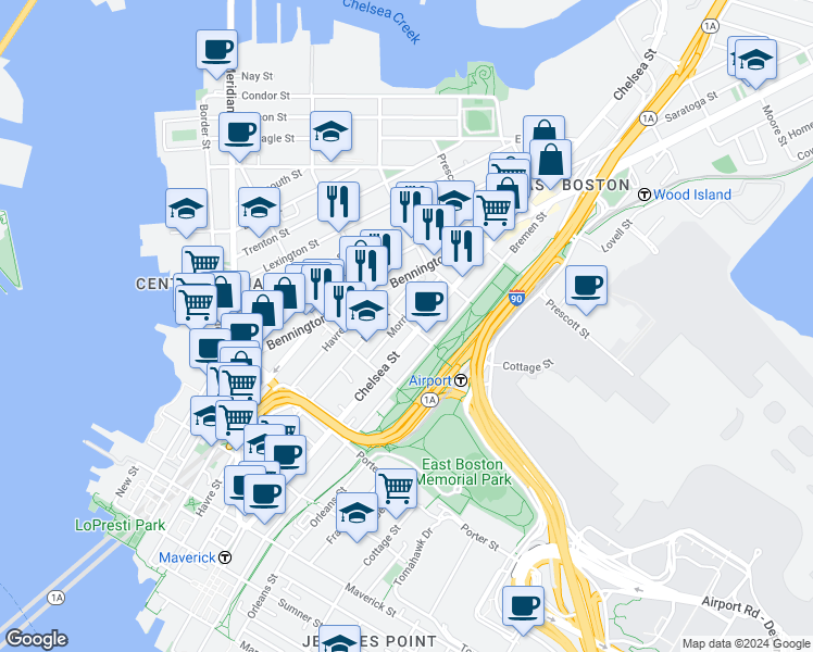 map of restaurants, bars, coffee shops, grocery stores, and more near 26 Brooks Street in Boston