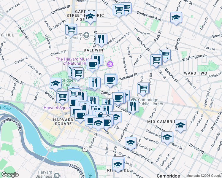 map of restaurants, bars, coffee shops, grocery stores, and more near 48 Quincy Street in Cambridge