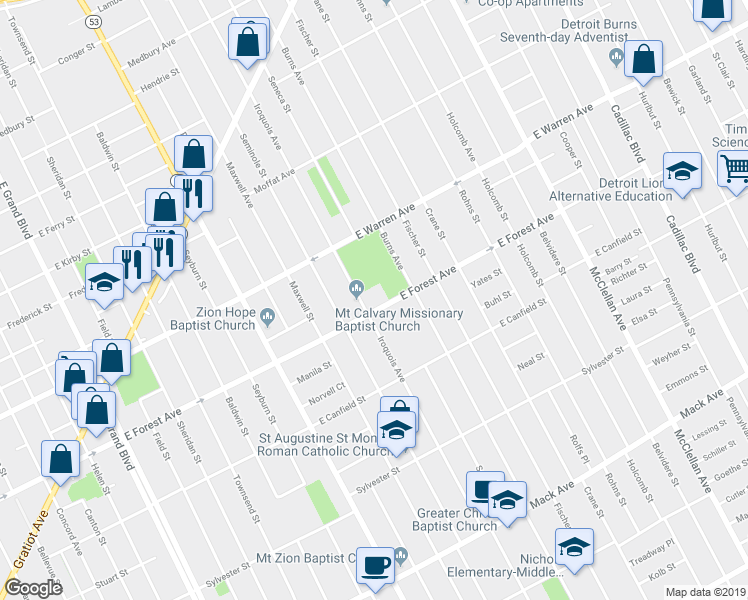 map of restaurants, bars, coffee shops, grocery stores, and more near 8411 East Forest Avenue in Detroit