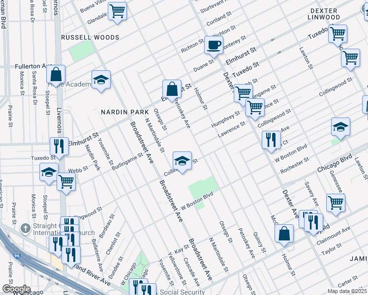 map of restaurants, bars, coffee shops, grocery stores, and more near 11501 Petoskey Avenue in Detroit