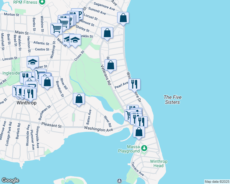 map of restaurants, bars, coffee shops, grocery stores, and more near 313 Shirley Street in Winthrop