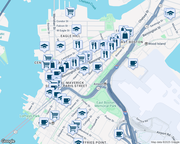 map of restaurants, bars, coffee shops, grocery stores, and more near 303 Paris Street in Boston