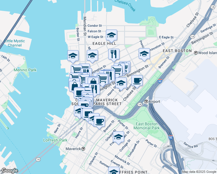 map of restaurants, bars, coffee shops, grocery stores, and more near 92 Bennington Street in Boston