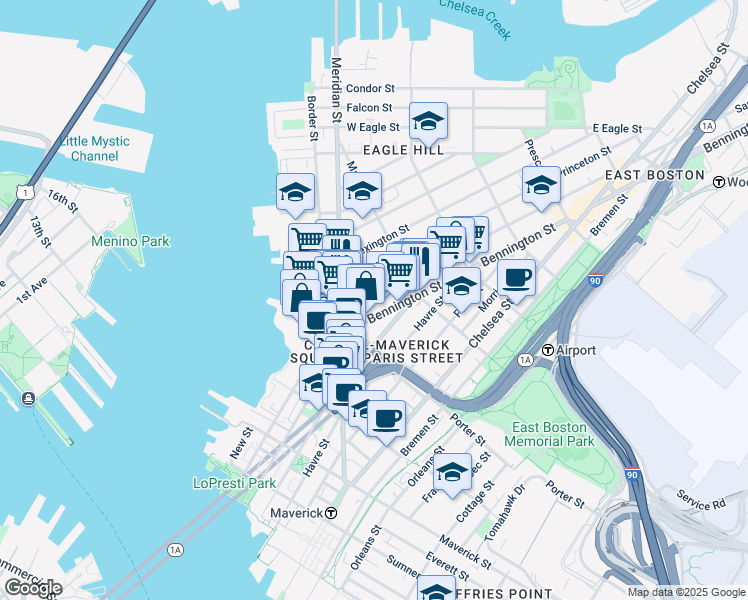 map of restaurants, bars, coffee shops, grocery stores, and more near 56 Saratoga Street in Boston