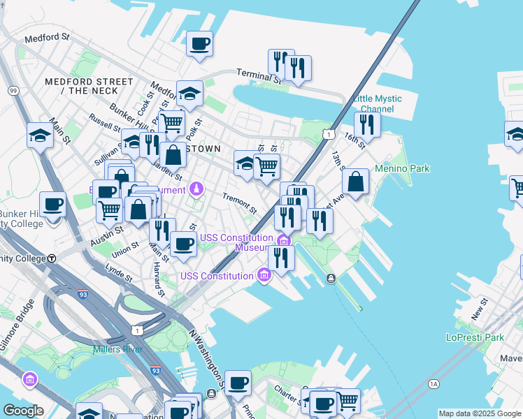map of restaurants, bars, coffee shops, grocery stores, and more near 7 Moulton Street in Boston