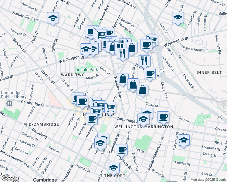 map of restaurants, bars, coffee shops, grocery stores, and more near 55 Webster Avenue in Somerville