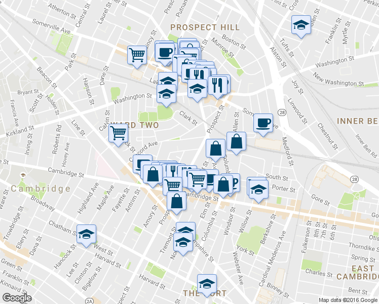 map of restaurants, bars, coffee shops, grocery stores, and more near 22 Concord Avenue in Somerville
