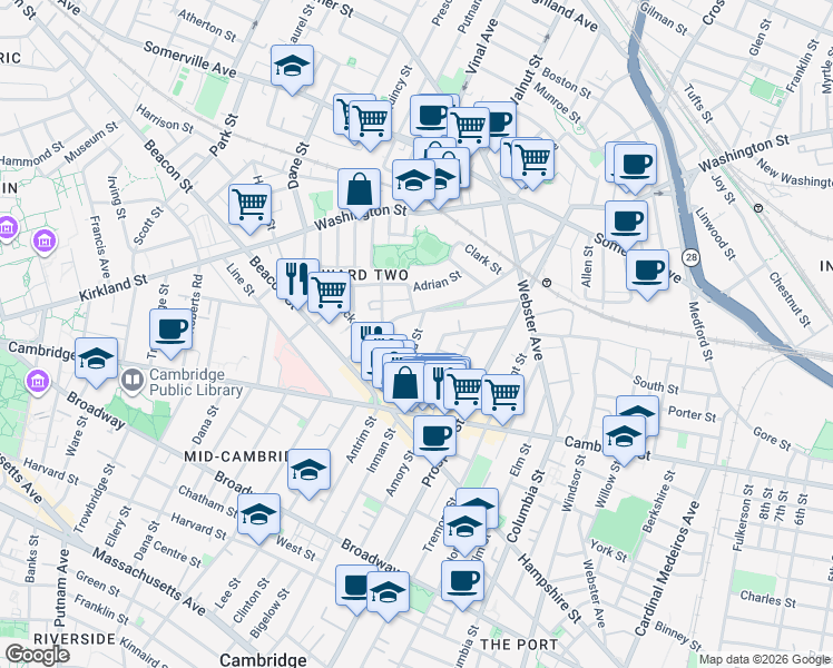 map of restaurants, bars, coffee shops, grocery stores, and more near 68 Concord Avenue in Somerville