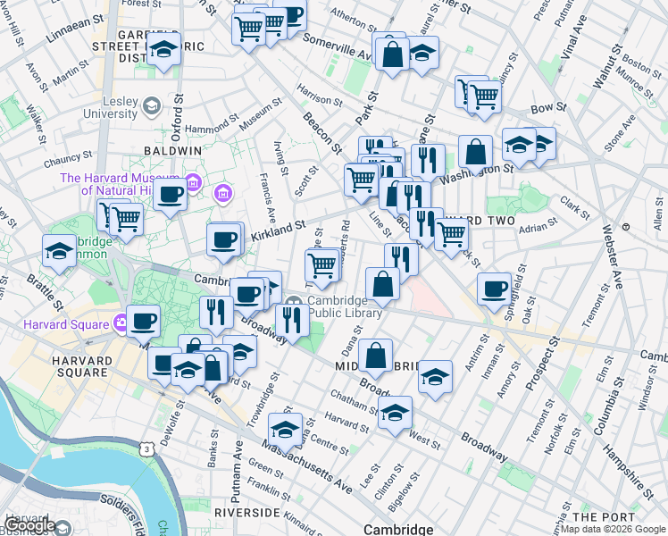map of restaurants, bars, coffee shops, grocery stores, and more near 23 Roberts Road in Cambridge