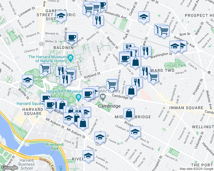 map of restaurants, bars, coffee shops, grocery stores, and more near 40 Irving Street in Cambridge