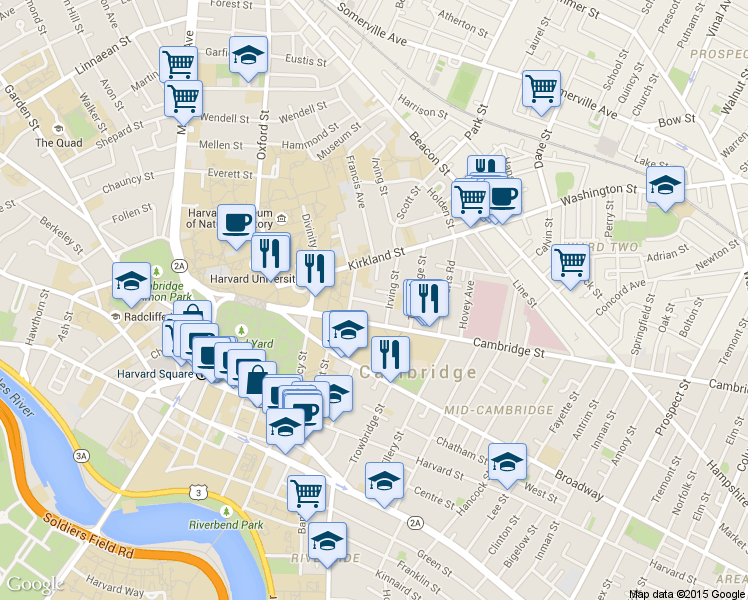 map of restaurants, bars, coffee shops, grocery stores, and more near in Cambridge