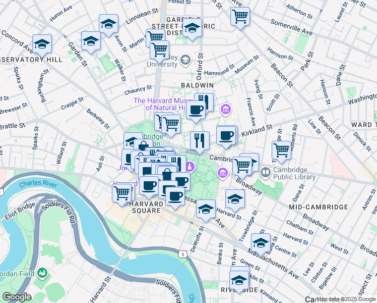map of restaurants, bars, coffee shops, grocery stores, and more near in Cambridge