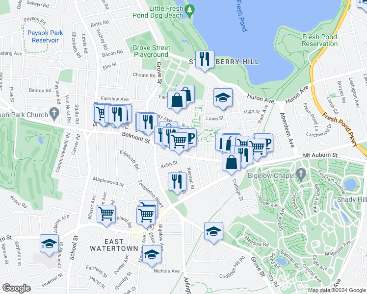 map of restaurants, bars, coffee shops, grocery stores, and more near 24 Exeter Street in Belmont
