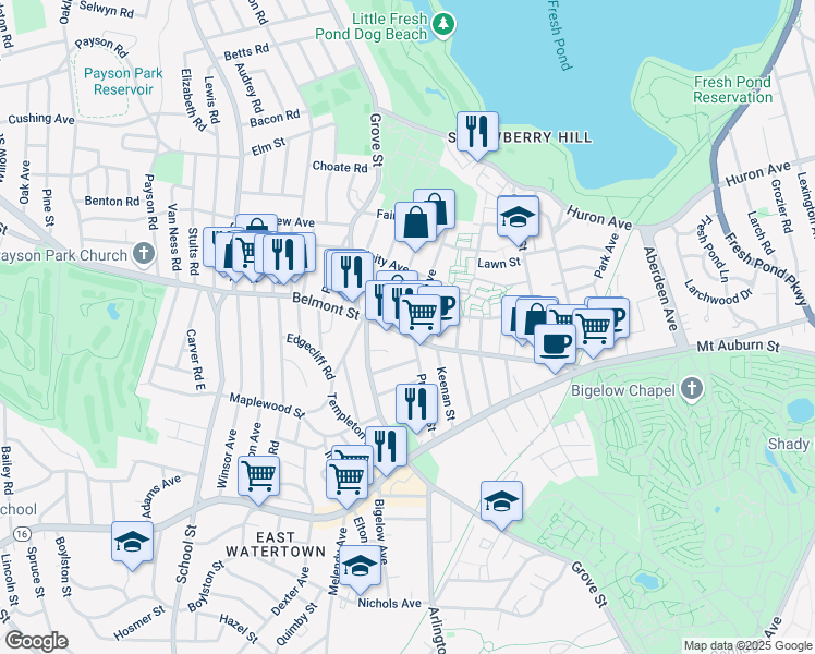 map of restaurants, bars, coffee shops, grocery stores, and more near 15 Marlboro Street in Belmont