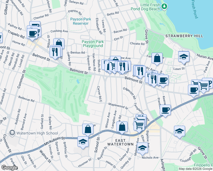 map of restaurants, bars, coffee shops, grocery stores, and more near 408 School Street in Watertown