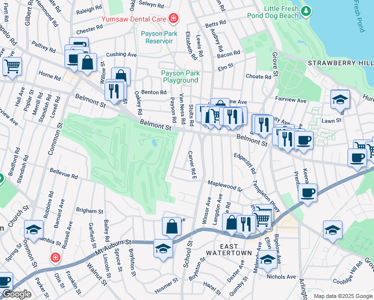 map of restaurants, bars, coffee shops, grocery stores, and more near 21 Commonwealth Road in Watertown