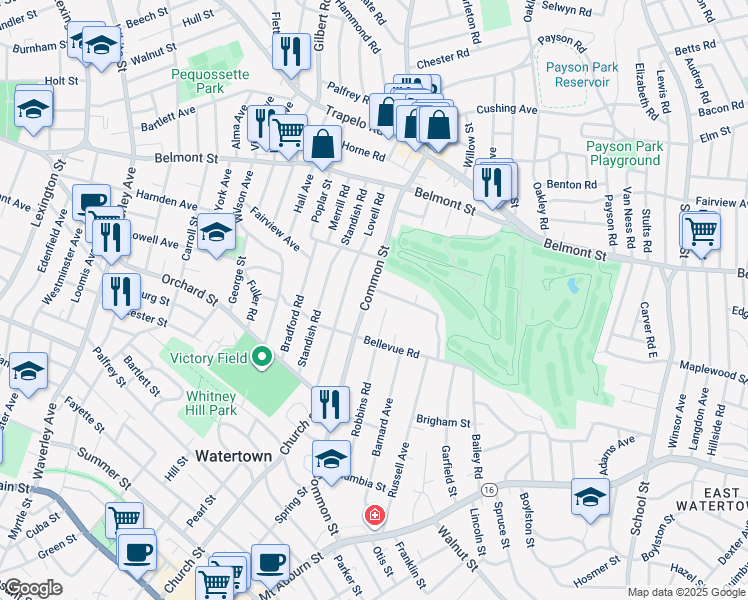 map of restaurants, bars, coffee shops, grocery stores, and more near 255 Common Street in Watertown