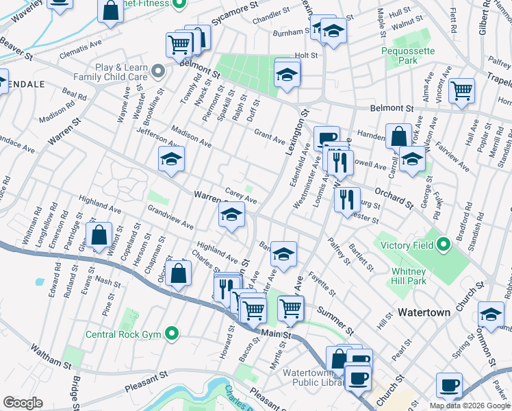 map of restaurants, bars, coffee shops, grocery stores, and more near 10 Robert Ford Road in Watertown