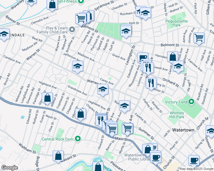 map of restaurants, bars, coffee shops, grocery stores, and more near 39 Carey Avenue in Watertown