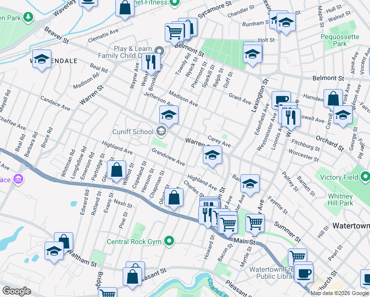 map of restaurants, bars, coffee shops, grocery stores, and more near 212 Warren Street in Watertown