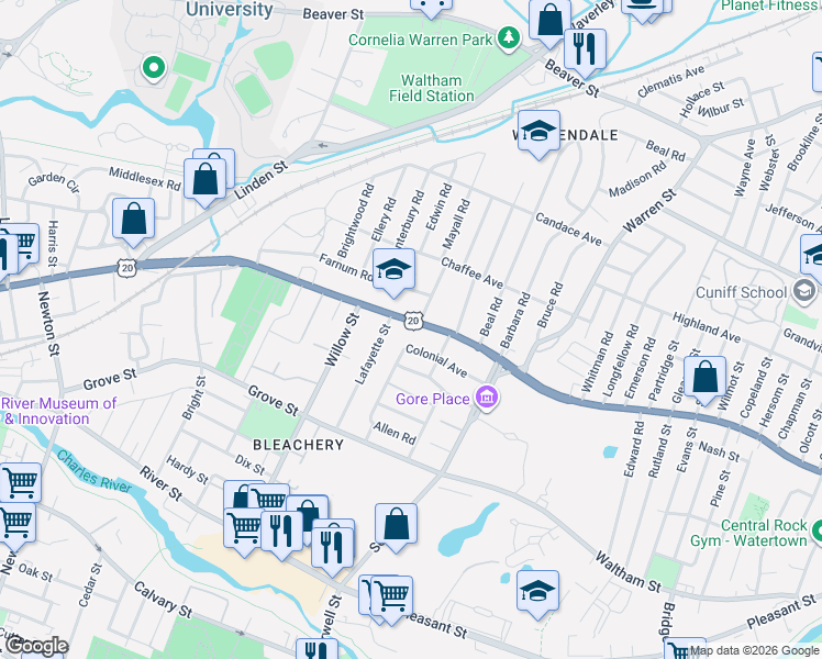 map of restaurants, bars, coffee shops, grocery stores, and more near 15 Bowker Road in Waltham