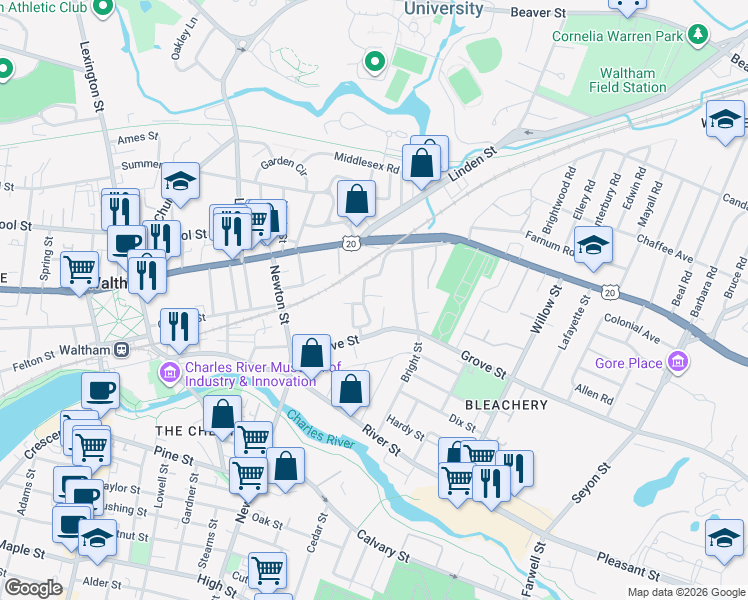 map of restaurants, bars, coffee shops, grocery stores, and more near 92 Massasoit Street in Waltham