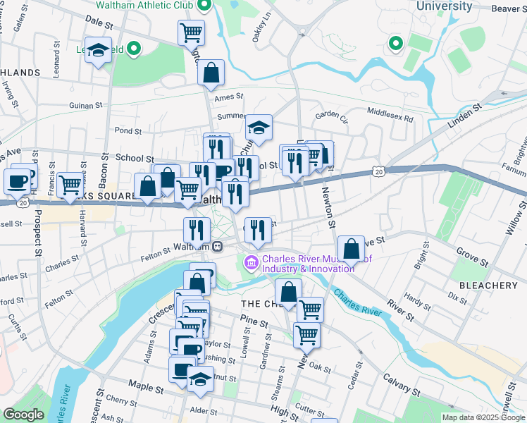 map of restaurants, bars, coffee shops, grocery stores, and more near 564 Main Street in Waltham