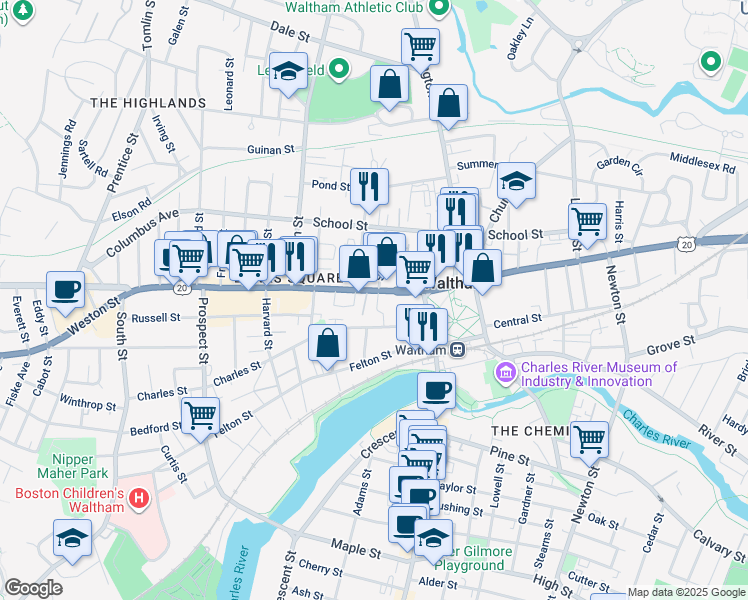 map of restaurants, bars, coffee shops, grocery stores, and more near 735 Main Street in Waltham