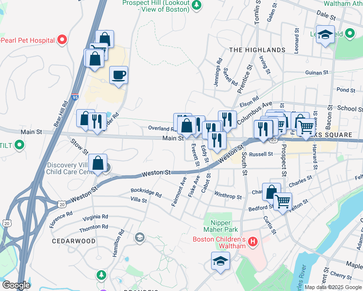 map of restaurants, bars, coffee shops, grocery stores, and more near 1089 Main Street in Waltham