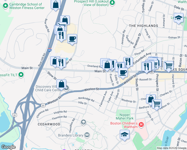 map of restaurants, bars, coffee shops, grocery stores, and more near in Waltham