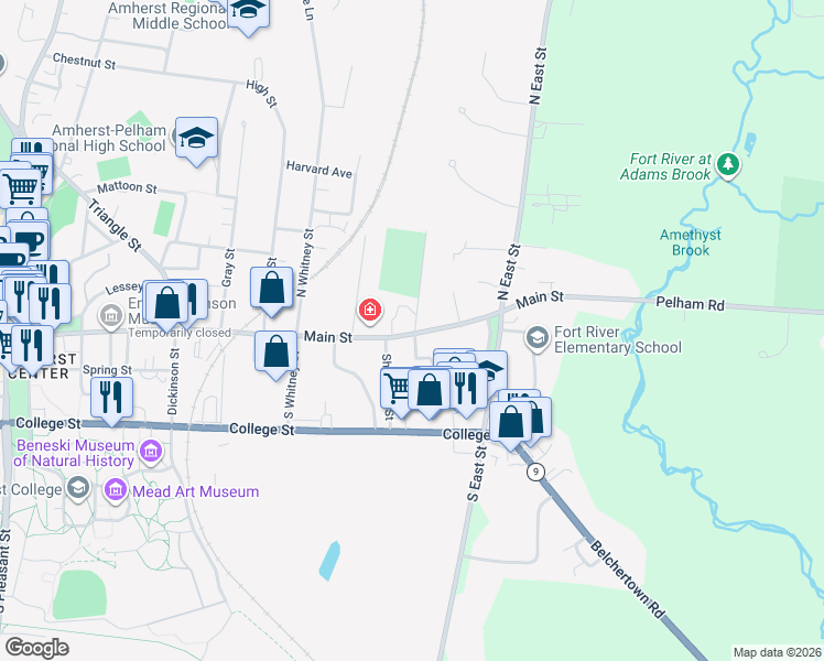 map of restaurants, bars, coffee shops, grocery stores, and more near 44 Salem Place in Amherst